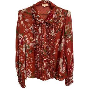 by TiMo Ruffle Front Floral Semi Sheer Long Sleeve Blouse Size L